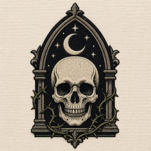 May include: An embroidered patch featuring a beige human skull centered within a dark gray gothic archway. Above the skull is a crescent moon and four-pointed stars. Olive green thorny vines wrap around the base of the archway structure.