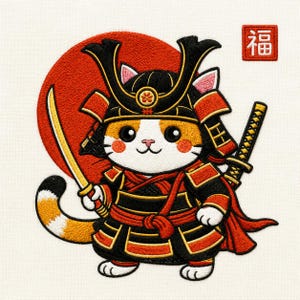 May include: Embroidered patch featuring a cartoon cat dressed as a samurai warrior. The cat wears black and red armor, a helmet, and holds a golden sword. A red sun is in the background, and a Japanese character is in the upper right corner.