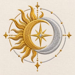 May include: An embroidery design featuring a golden sun with radiating flames on the left side and a silver crescent moon on the right. A central four-pointed star sits between them, surrounded by a circular frame with small dots and stars.