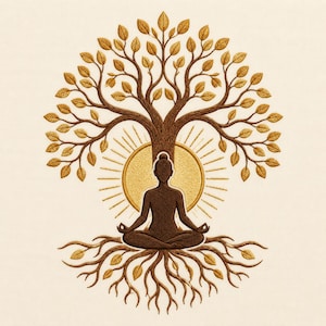 May include: An embroidery design featuring a dark brown silhouette of a person in a seated meditation pose. Behind the figure is a golden sunburst. A large tree with a brown trunk and golden leaves extends above and below the meditating figure.
