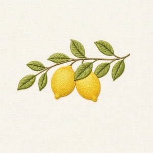 Puede incluir: Diseño bordado de dos limones amarillos con hojas verdes y un tallo marrón. Los limones están detallados con puntadas texturizadas, y las hojas tienen una textura bordada similar. El fondo es de tela color crema.