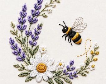 Bee Lavender Daisy Machine Embroidery Design, Wildflower Floral Embroidery File, Botanical Garden Pattern Download