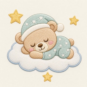 May include: An embroidery design featuring a light brown teddy bear sleeping on a white cloud. The bear wears a light blue nightcap and pajamas with white star patterns. Three yellow stars are positioned around the cloud and bear figure.