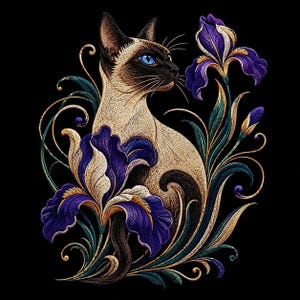 May include: An embroidered design featuring a Siamese cat with bright blue eyes, surrounded by deep purple iris flowers and intricate gold-toned swirling foliage. The entire composition is set against a solid black background with detailed stitching.