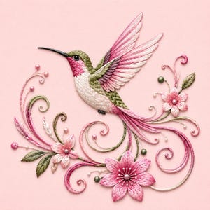 May include: An intricate embroidery design featuring a hummingbird with pink and green plumage, surrounded by swirling vines, small beads, and pink flowers. The bird is depicted in flight with wings extended, set against a solid light pink background.