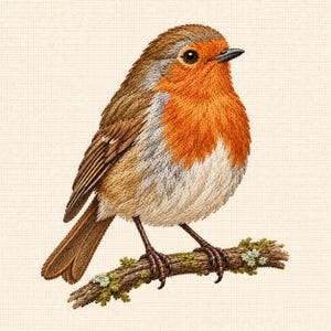 Pode incluir: Um bordado representando um pisco-de-peito-ruivo pousado num ramo castanho texturizado. A ave apresenta um peito laranja-avermelhado vibrante, costas castanhas com penas detalhadas, barriga branca e um pequeno bico preto, feito em fio.