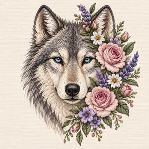 Könnte beinhalten: Eine gestickte Illustration eines Wolfskopfes mit leuchtend blauen Augen, umgeben von einem Blumenarrangement aus rosa Rosen, weißen Gänseblümchen, violettem Lavendel und grünen Blättern auf einem strukturierten, cremeweißen Stoffhintergrund.