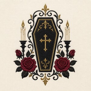May include: An embroidery design featuring a central black coffin with a gold cross and decorative filigree. The coffin is flanked by two cream-colored candles in black holders, surrounded by deep red roses with dark green leaves and gold scrolls.