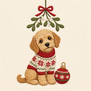 Puede incluir: Una ilustración bordada de un cachorro dorado con un suéter de patrón rojo, blanco y verde. El cachorro está sentado junto a un adorno navideño rojo y verde, debajo de una rama de muérdago atada con una cinta roja.