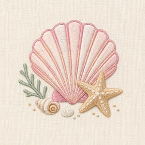 Puede incluir: Un diseño bordado sobre tela color hueso que presenta una gran concha de abanico rosa claro, una estrella de mar color canela dorado, una pequeña concha en espiral, una concha blanca diminuta y una rama de coral verde salvia con puntos.