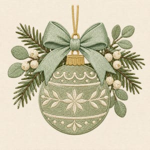 Könnte beinhalten: Ein gesticktes Weihnachtskugel-Motiv in Salbeigrün mit weißen Blumenmustern, gekrönt von einer salbeigrünen Schleife und einer goldenen Kappe. Die Kugel ist umgeben von grünen Tannennadeln, Eukalyptusblättern und weißen Beeren.