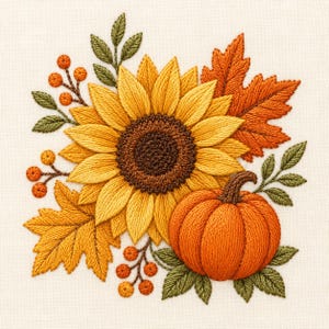 Könnte beinhalten: Ein Stickdesign auf cremefarbenem Stoff mit einer großen gelben Sonnenblume mit dunkelbrauner Mitte, einem orangefarbenen Kürbis, zwei großen Ahornblättern in Orange und Gelb sowie mehreren Zweigen mit kleinen orangefarbenen Beeren und grünen Blättern.