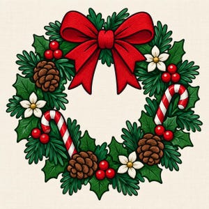 May include: A circular Christmas wreath featuring green pine needles and holly leaves, accented with a large red bow at the top. The design includes brown pinecones, clusters of red berries, white flowers, and two red and white striped candy canes.