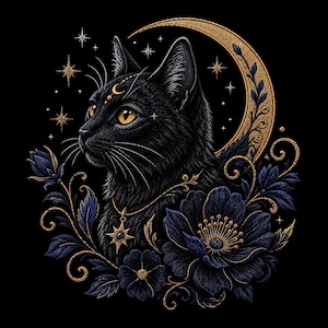 Svart katt broderidesign, himmelsk måne blomstermaskinfil (digital nedladdning)