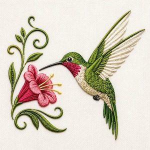 Realistic Hummingbird Floral Embroidery Design, Nature Garden Machine File (Digital Download)