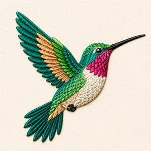 May include: Embroidered hummingbird with outstretched wings, showcasing a vibrant palette of teal, green, pink, and tan. The bird's body is detailed with textured stitching, and the long beak is black. The background is a soft, off-white color.