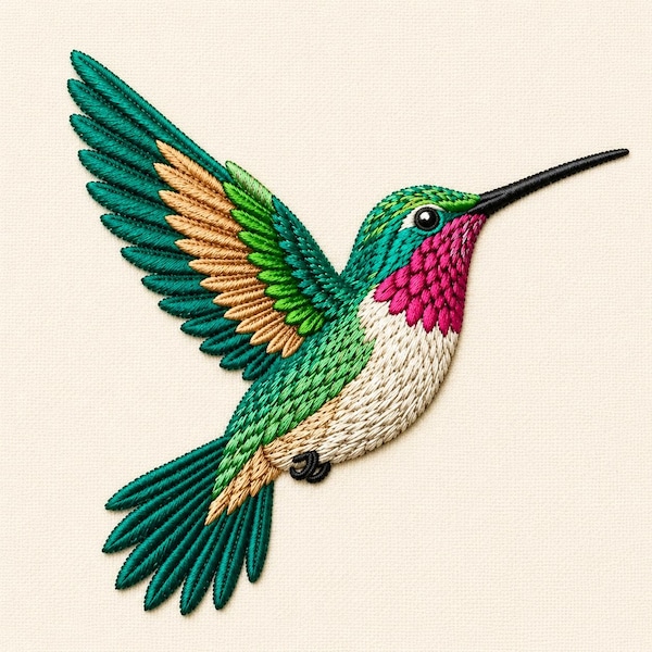 Colorful Hummingbird Embroidery Design, Realistic Flying Bird Machine File (Digital Download)