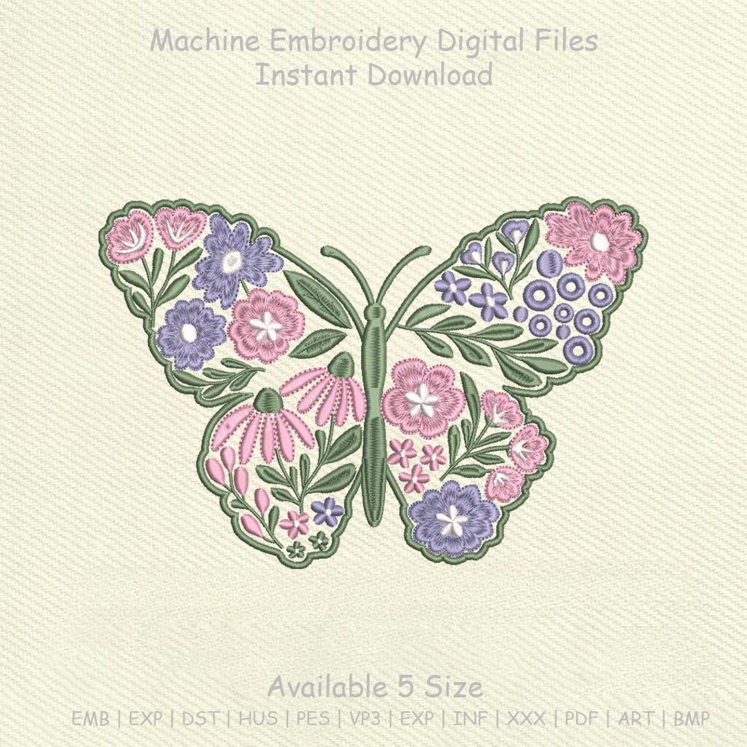Floral Butterfly Embroidery Design, Spring Flower Machine Embroidery ...