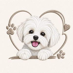 Könnte beinhalten: Ein Stickmotiv mit einem flauschigen weißen Hund mit dunklen Augen und rosa Zunge, eingerahmt von einer hellbraunen Herzlinie. Das Design enthält kleine Pfotenabdrücke und ein Herzakzent, ausgeführt in detaillierten Stichen auf hellem Grund.