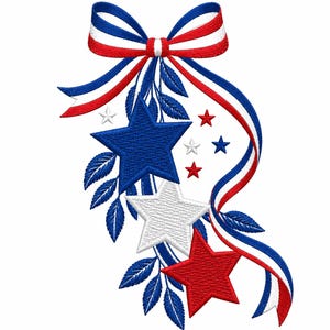 May include: An embroidery design featuring a large bow with red, white, and blue stripes. Below the bow are three large stars in blue, white, and red, accented by smaller stars and blue embroidered leaves, creating a patriotic decorative motif.