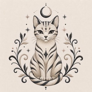 Puede incluir: Una ilustración detallada de un gato atigrado sentado con rayas oscuras, centrado entre dos patrones de enredaderas florales simétricas. Sobre el gato hay una luna creciente y pequeñas estrellas de cuatro puntas están dispersas.