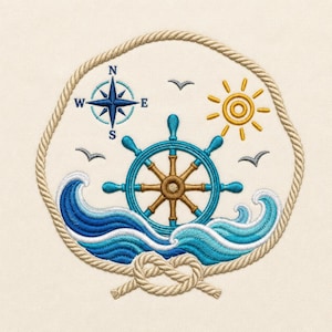 Nautical Ship Wheel Embroidery Design, Ocean Compass Wave, Coastal Beach Decor (Digital Download)