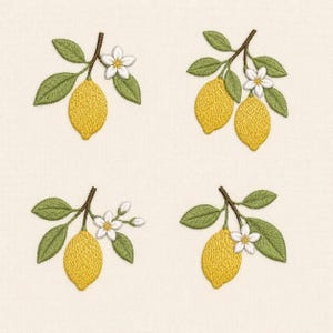 May include: Four embroidered designs of lemon branches with yellow lemons, green leaves, and white flowers. The designs are on a cream-colored background. The lemons are a bright yellow color.