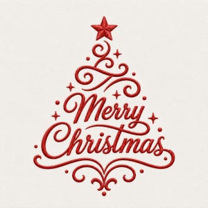 Könnte beinhalten: Ein rotes Stickmotiv mit dem Text Merry Christmas, der in Form eines stilisierten Weihnachtsbaums angeordnet ist. Das Design umfasst einen fünfzackigen Stern an der Spitze, geschwungene Verzierungen und kleine vierzackige Sterne.