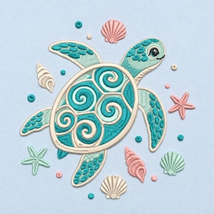 Stickmuster Meeresschildkröte, Küstenschildkröte mit Muscheln und Seesternen (Digitaler Download)