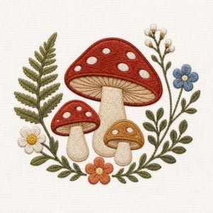 Puede incluir: Un diseño de bordado con tres setas de sombreros rojos y beige con puntos blancos, rodeadas por un helecho verde, una flor blanca con centro amarillo, una pequeña flor naranja, una flor azul y capullos blancos sobre tela blanca.