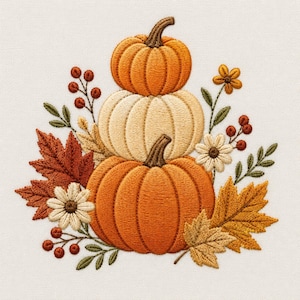 May include: An embroidery design featuring a vertical stack of three pumpkins in orange and cream colors. The arrangement is surrounded by embroidered autumn foliage, including rust-colored maple leaves, small white flowers, and clusters of red berries.