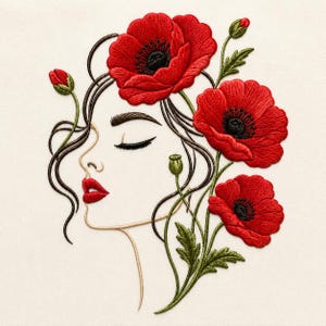 May include: An embroidery design featuring the profile of a face with closed eyes and red lips, surrounded by vibrant red poppy flowers with black centers, green stems, and leaves, all rendered in detailed thread work on a light cream fabric background.