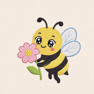 May include: A cartoon bee with a yellow body and black stripes, holding a pink flower with a yellow centre and green stem. The bee has large, expressive eyes, rosy cheeks, and blue and white wings. The background is a solid, light beige colour.