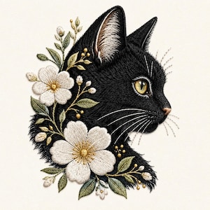 Op de afbeelding: Een geborduurde patch met een zijaanzicht van een zwarte kat met gele ogen, omringd door witte vijfbladige bloemen, groene bladeren en kleine gouden knoppen. Het gedetailleerde stikwerk creëert een textuur van vacht en bloemblaadjes.