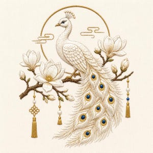 May include: An intricate embroidery design featuring a white peacock perched on a branch with blooming white magnolia flowers. The peacock has a long tail with blue and gold eye-shaped patterns. Gold tassels and pearl beads hang from the branches.