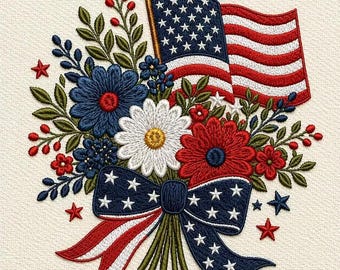 Vaterhaftes Blumenbouquet Design, USA Flagge Blumen Schleife Stickdatei