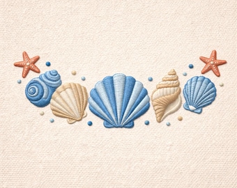 Ricamo a tema conchiglie, bordo con conchiglie e stelle marine, punto nautico costiero (download digitale)