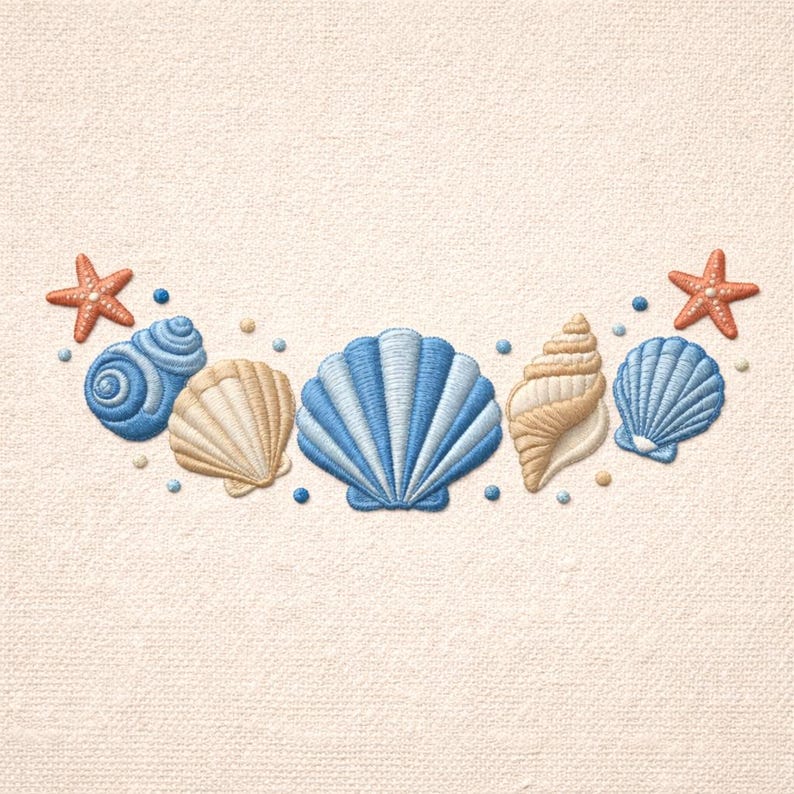 Sea Shell Bordered Design Seashell Embroidery Design, Beach Shells Starfish Border, Coastal ...
