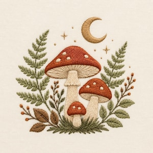 Può includere: Un ricamo su tessuto bianco sporco raffigurante tre funghi color ruggine con macchie bianche, circondati da fronde di felce verdi, foglie marroni e piccole bacche. Una mezzaluna dorata e minuscole stelle sono ricamate sopra i funghi.