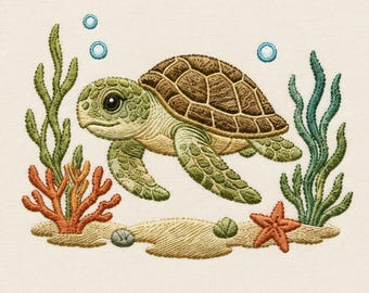 May include: An embroidery design featuring a green sea turtle with a brown shell swimming underwater. The scene includes orange coral, green seaweed, a small orange starfish, two small shells, and three blue bubbles on a light cream fabric background.