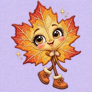 May include: An embroidered maple leaf character with a gradient of yellow, orange, and red hues. The leaf features large brown eyes with long lashes, a small smile, and rosy cheeks. It wears brown boots with white cuffs and is surrounded by small stars.