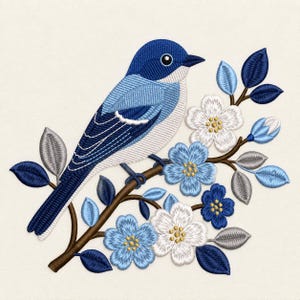 May include: An embroidery design featuring a blue and white bird perched on a brown branch. The branch is decorated with white and light blue five-petalled flowers with yellow centres, surrounded by dark blue, light blue, and grey leaves.