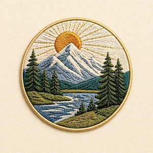 Puede incluir: Parche bordado circular que representa un paisaje montañoso con un sol poniente. El diseño incluye montañas nevadas, árboles de hoja perenne, un río y un borde dorado. El parche tiene una apariencia detallada y texturizada.