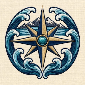 May include: An embroidered circular patch featuring a central gold and dark blue compass rose with a teal center stone. The compass is surrounded by stylized dark blue and light blue ocean waves and a background of dark mountains with snow caps.