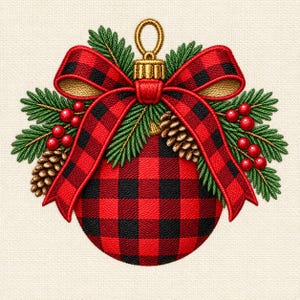 Pode incluir: Um enfeite de Natal redondo com um padrão xadrez vermelho e preto. O enfeite é rematado com um grande laço a condizer, agulhas de pinheiro verdes, pequenas bagas vermelhas e duas pinhas castanhas, com um gancho dourado.