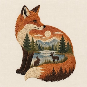 Peut inclure: Une broderie sur tissu blanc cassé représentant la silhouette d'un renard remplie d'un paysage. Le motif comprend un soleil, des montagnes bleues, des pins verts, un lac, un petit lapin brun et un cerf brun foncé dans le corps du renard.