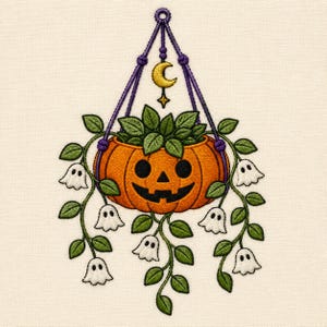 Hanging Pumpkin Planter Embroidery Design, Halloween Ghosts Machine File (Digital Download)