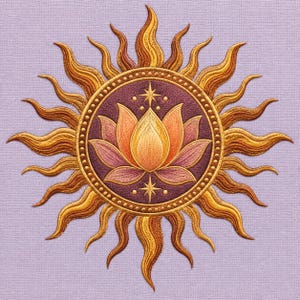 May include: An embroidered patch featuring a central lotus flower in shades of yellow, orange, and pink, set within a dark purple circular frame. The design is surrounded by radiating golden sun rays and two small four-pointed stars.