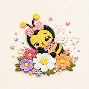 Könnte beinhalten: Gesticktes Design einer Cartoon-Biene mit rosa Schleife, umgeben von bunten Blumen und Herzen. Die Biene hat ein gelbes Gesicht und einen schwarz-gelb gestreiften Körper. Die Blumen umfassen rosa, lila, orange und weiße Gänseblümchen.