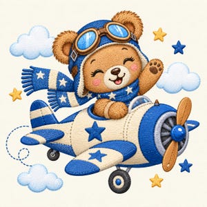 Pode incluir: Uma ilustração bordada de um urso de peluche castanho com um gorro de aviador azul com óculos e um cachecol a condizer com padrão de estrelas, a acenar enquanto pilota um avião de hélice azul e creme rodeado por nuvens e estrelas amarelas.